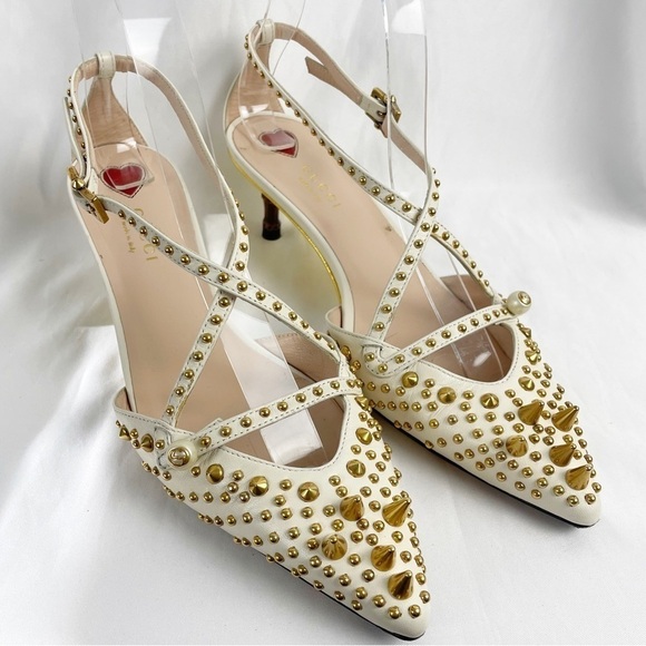 Gucci Unia Spiked Pointed Toe Bamboo Pointed Toe Kitten Heels White EU 37 - Picture 1 of 13